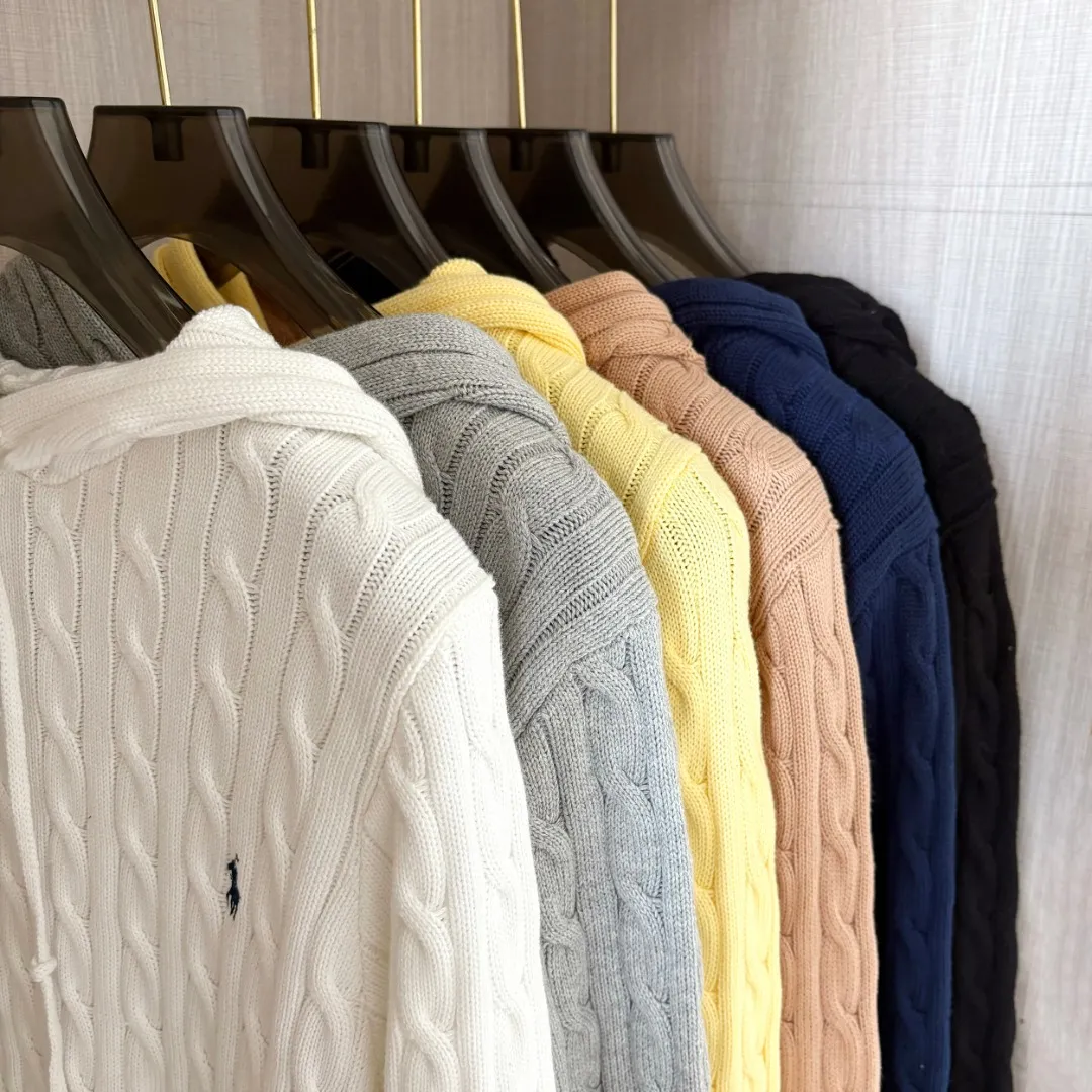 P216 RALPH LAUREN Ralph Lauren six-color classic small label embroidery hooded long-sleeved pullover knitted sweater tops for men and women. Six colors. Color: white, yellow, gray, brown, navy, black. Size: S M L XL. Material: cotton. Weight: 800g.